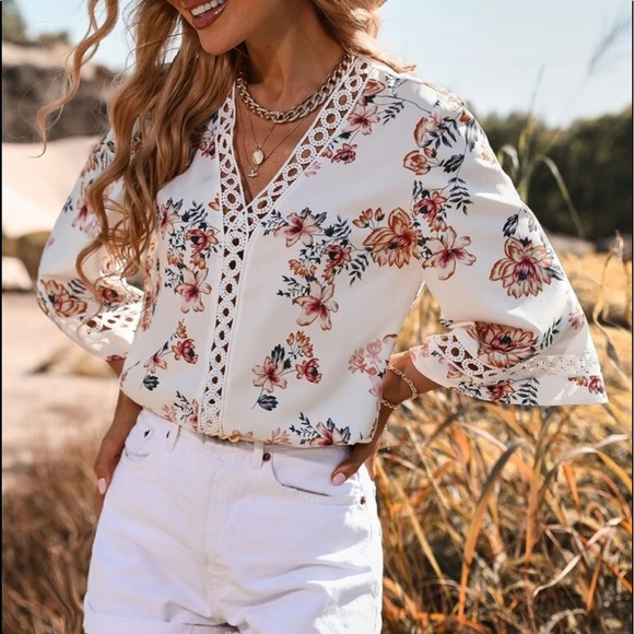 Boho Floral Sheer Mesh Lace Insert Top Blouse Green - Picture 3 of 10